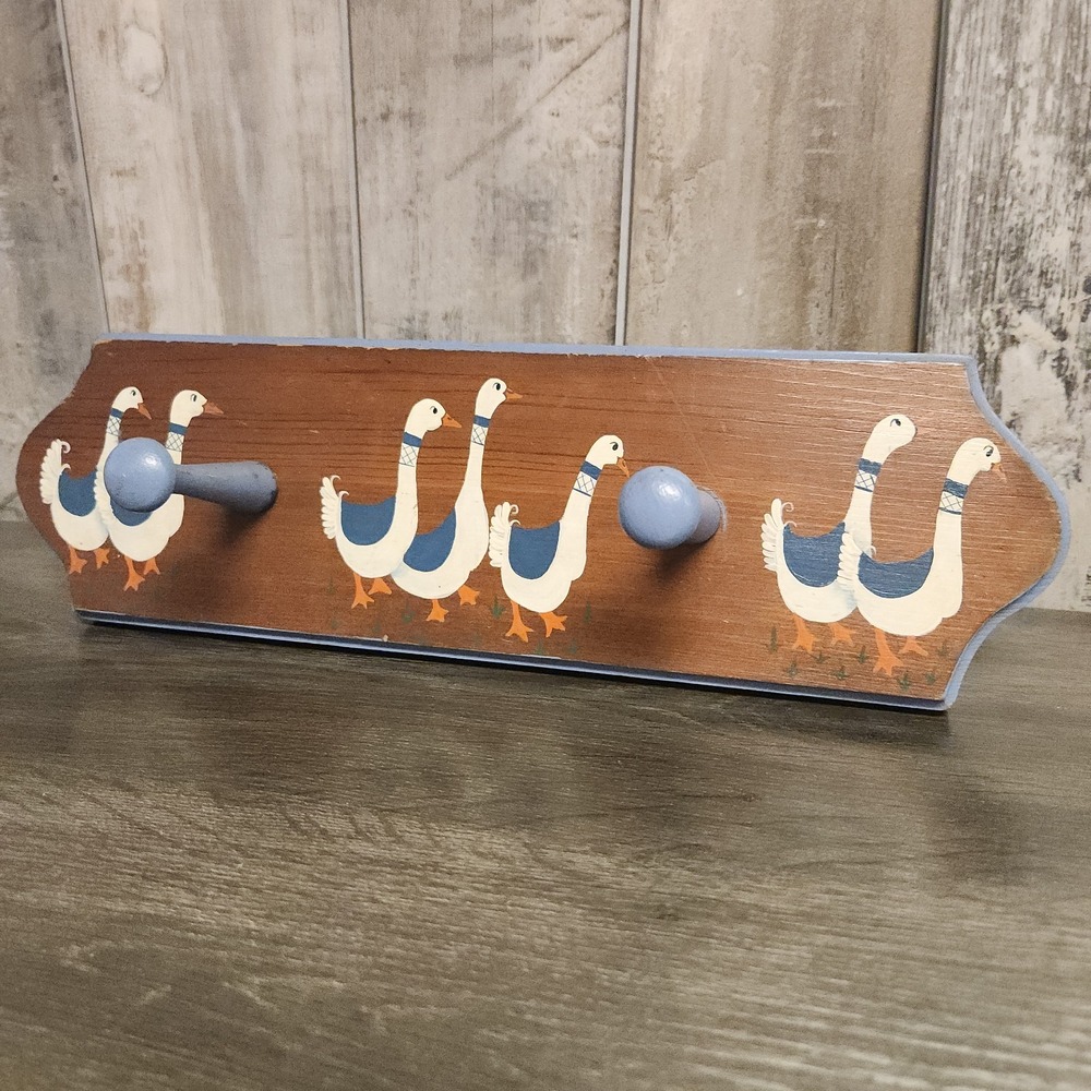 Vintage 80s/90s Country Duck Goose Handpainted Wooden Kitchen Wall Hanger w Pegs
